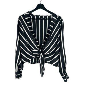 Missguided Black White Stripe Satin Long Sleeve Front Tie Top 10